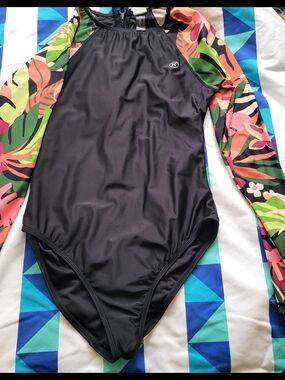 Hurley Black One-Piece Swimsuit with Tropical Print Sleeves